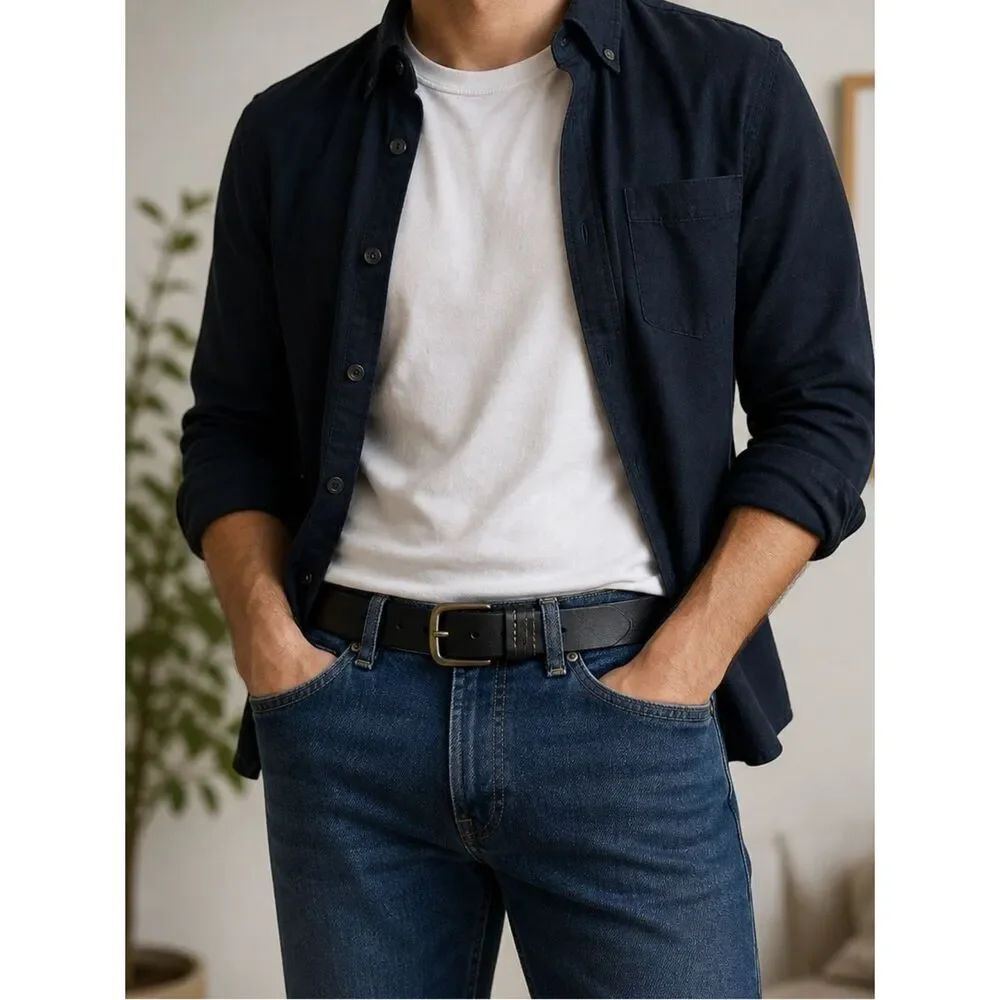 Tommy Hilfiger Black Leather Belt Brass Buckle Casual Men’s Belt